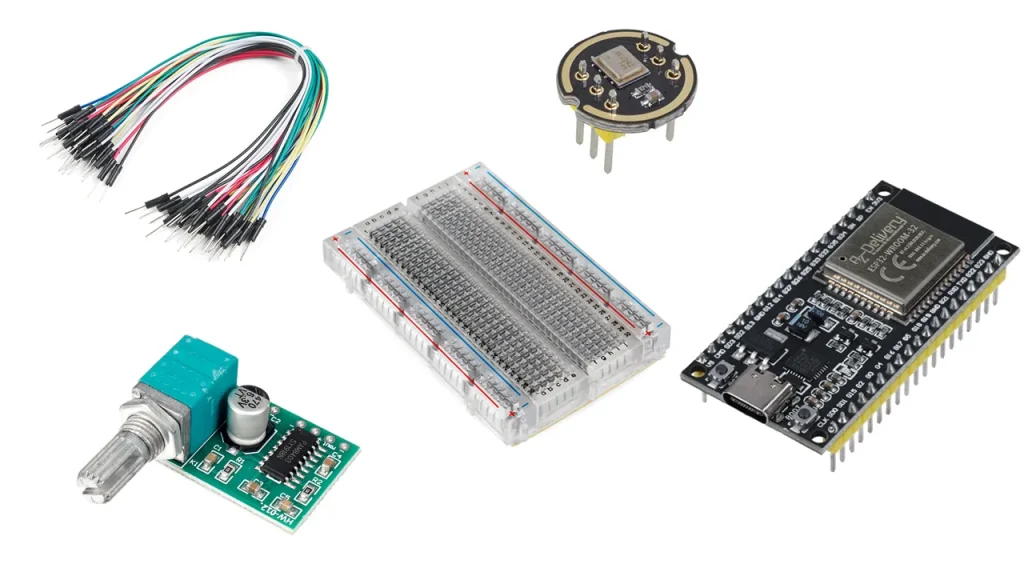 Smart Chatbot Lamp Components like breadbord, Esp32 board, microphone, amplifier and wires.