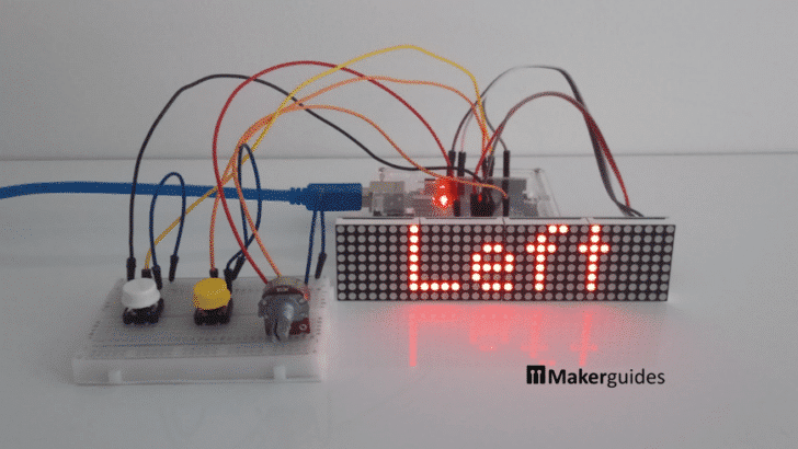 Hardware setup of ESP32 Pomodoro timer featuring LED matrix screen and multiple control buttons.