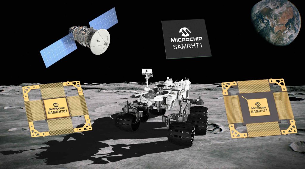 SAMRH71 microcontroller used in aerospace application, featuring rugged design and high-reliability performance.